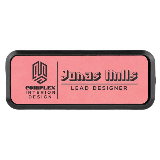 3" x 1" Pink Laserable Leatherette Round Corner Badge & Frame (Sold by Case of 50)