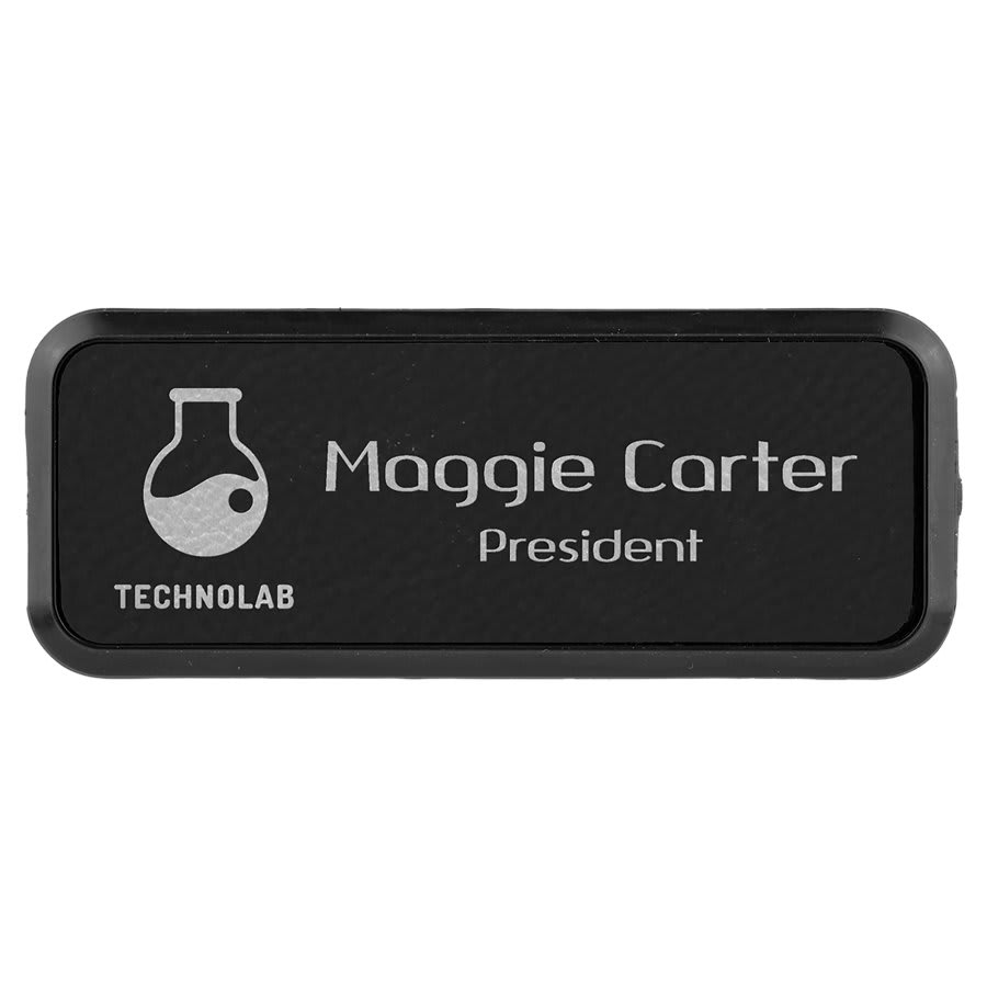 3" x 1" Black/Silver Laserable Leatherette Round Corner Badge & Frame (Sold by Case of 50)