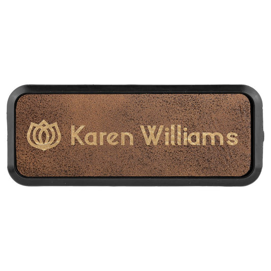 3" x 1" Rustic/Gold Laserable Leatherette Round Corner Badge & Frame (Sold by Case of 50)