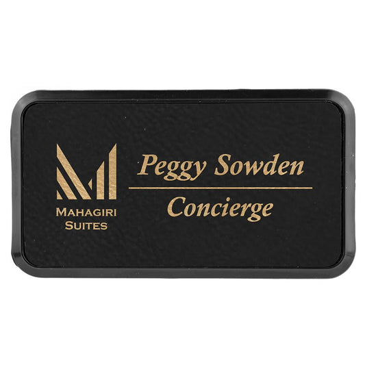 3" x 1 1/2" Black/Gold Laserable Leatherette Round Corner Badge & Frame (Sold by Case of 50)