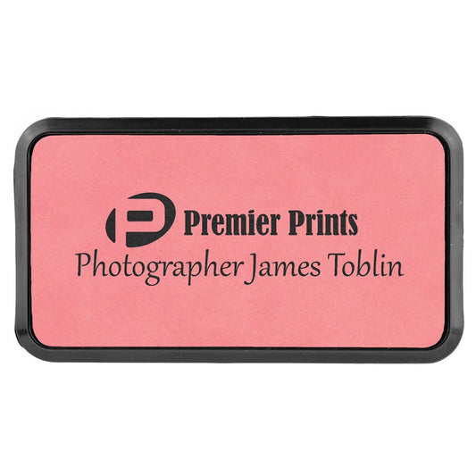 3" x 1 1/2" Pink Laserable Leatherette Round Corner Badge & Frame (Sold by Case of 50)