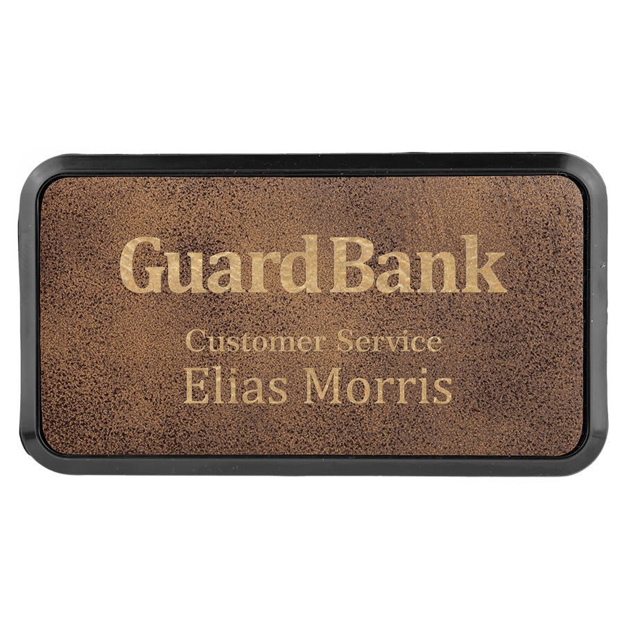 3" x 1 1/2" Rustic/Gold Laserable Leatherette Round Corner Badge & Frame (Sold by Case of 50)