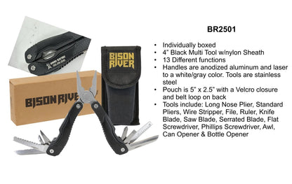 Bison River 4" Black 13 Function Multi Tool with Nylon Sheath