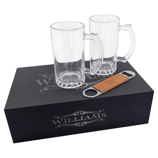 LazerBurst Beer Set with Two 14 oz. Mugs and One Rawhide Laserable Leatherette Bottle Opener-Black Lazerburst Lasers to Silver (Sold by Case of 4)