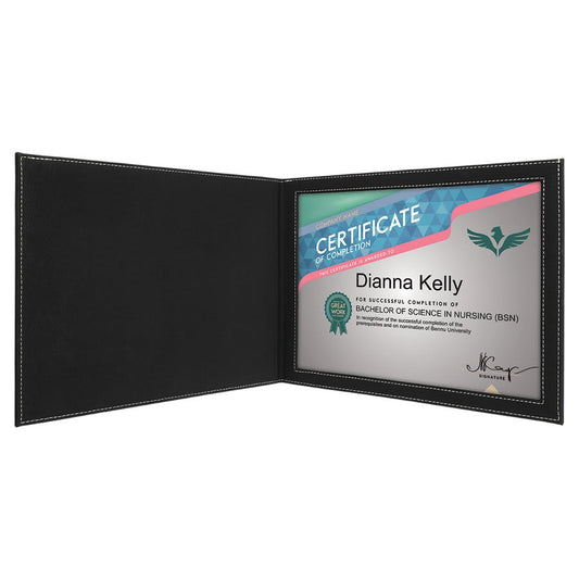 9" x 12" Black/Silver Laserable Leatherette Certificate Holder for 8 1/2" x 11" (Sold by Case of 6)