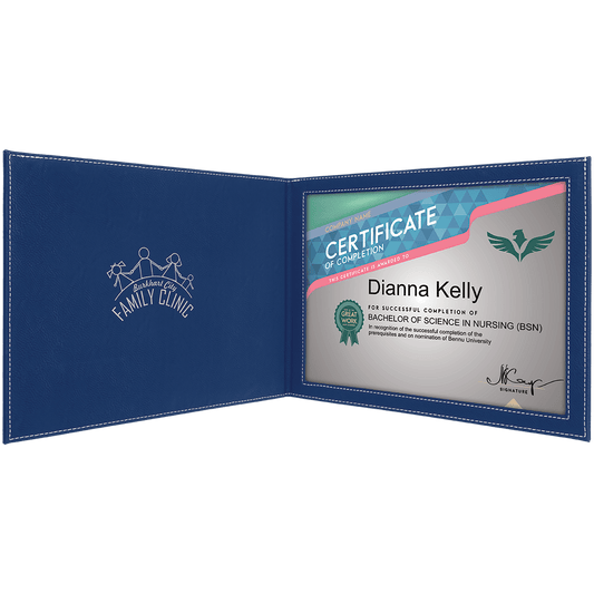 9" x 12" Blue/Silver Laserable Leatherette Certificate Holder for 8 1/2" x 11" (Sold by Case of 6)