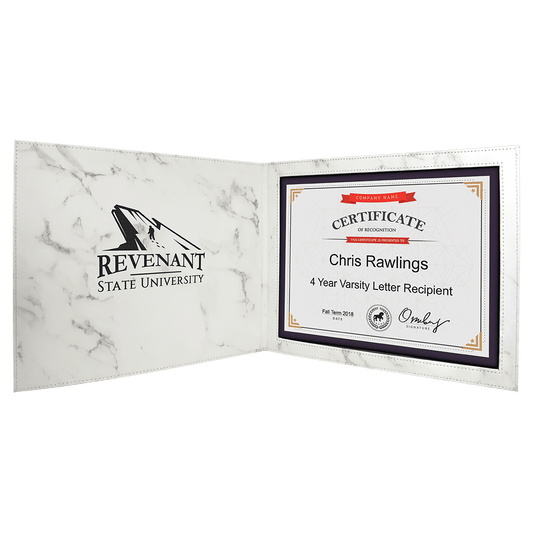9" x 12" White Marble Laserable Leatherette Certificate Holder for 8 1/2" x 11" (Sold by Case of 6)