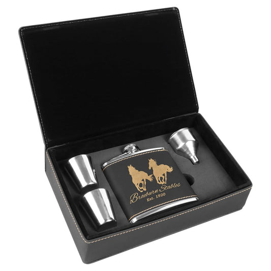 6 oz. Black/Gold Laserable Leatherette Flask Gift Set (Sold by Case of 6)