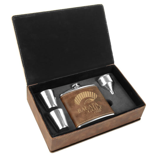 6 oz. Rustic/Gold Laserable Leatherette Flask Gift Set (Sold by Case of 6)