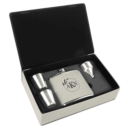 6 oz. White Laserable Leatherette Flask Gift Set (Sold by Case of 6)