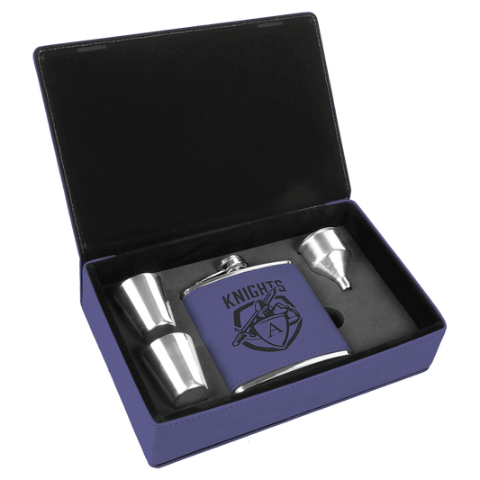 6 oz. Purple Laserable Leatherette Flask Gift Set (Sold by Case of 6)
