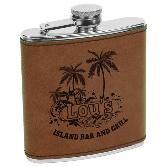 6 oz. Dark Brown Laserable Leatherette Stainless Steel Flask (Sold by Case of 10)