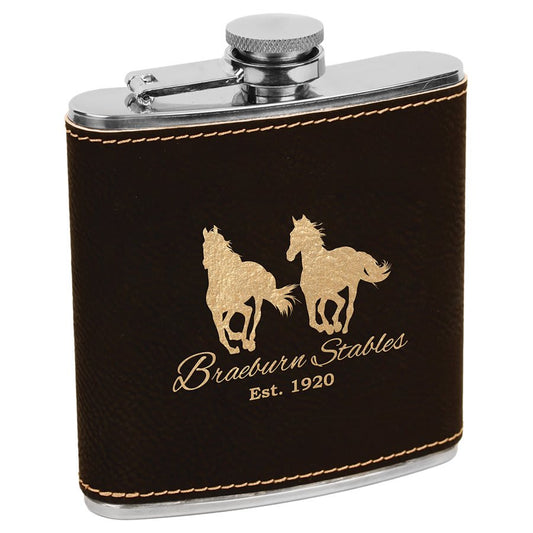 6 oz. Black/Gold Laserable Leatherette Stainless Steel Flask (Sold by Case of 10)