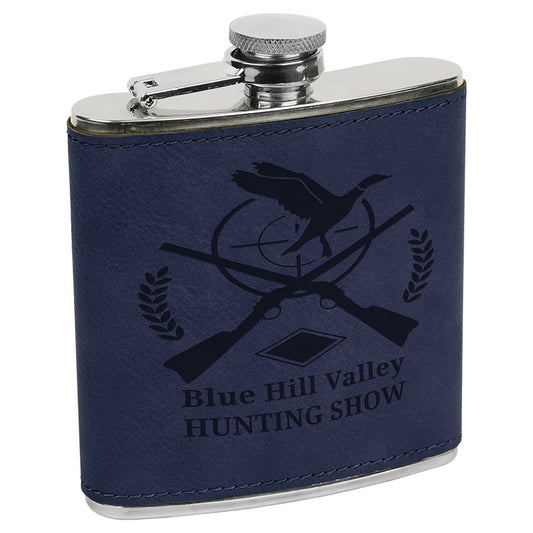 6 oz. Blue/Black Laserable Leatherette Stainless Steel Flask (Sold by Case of 10)