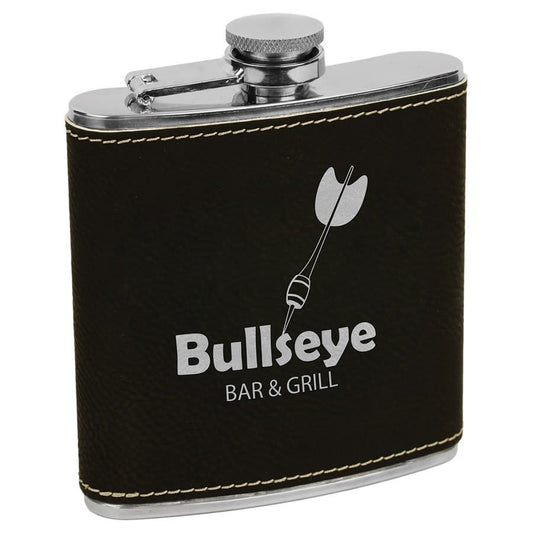 6 oz. Black/Silver Laserable Leatherette Stainless Steel Flask (Sold by Case of 10)