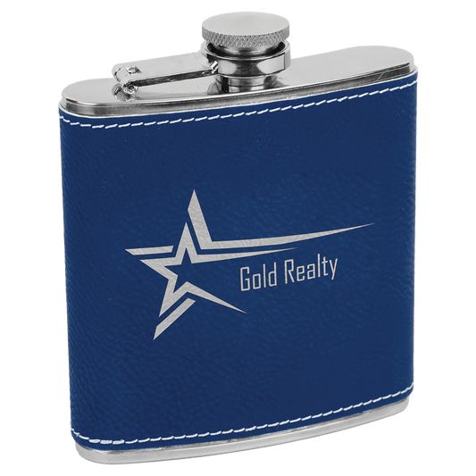 6 oz. Blue/Silver Laserable Leatherette Stainless Steel Flask (Sold by Case of 10)