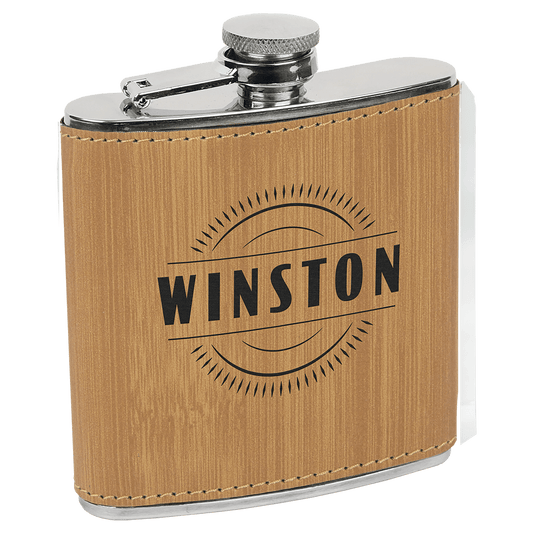 6 oz. Bamboo Laserable Leatherette Stainless Steel Flask (Sold by Case of 10)