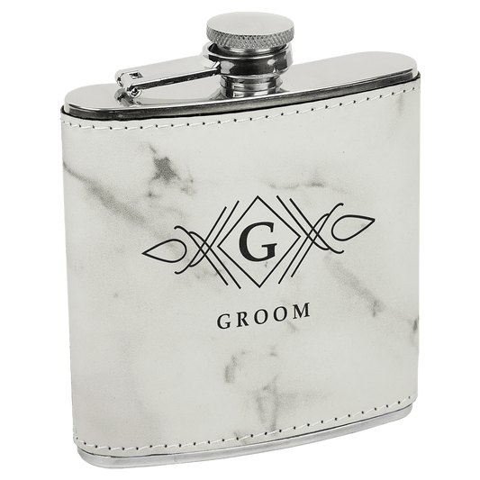 6 oz.White Marble Laserable Leatherette Stainless Steel Flask (Sold by Case of 10)