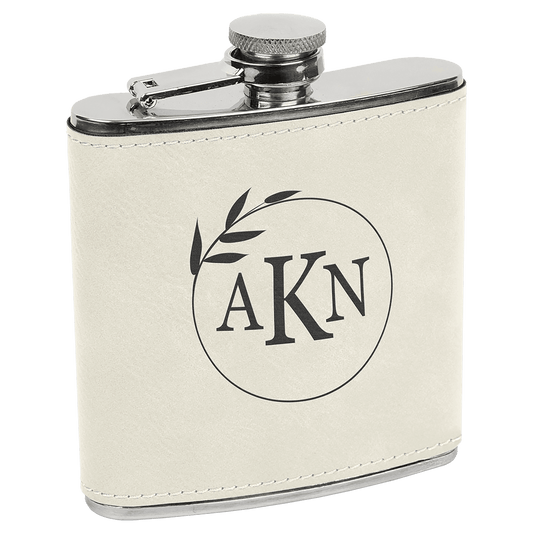 6 oz. White/Black Laserable Leatherette Stainless Steel Flask (Sold by Case of 10)