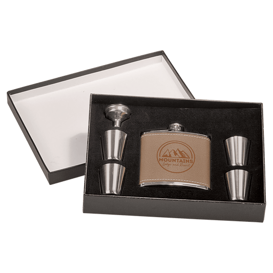 6 oz. Leather Flask Set in Black Presentation Box (Sold by Case of 1)