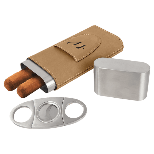 Light Brown Laserable Leatherette Cigar Case with Cutter (Sold by Case of 6)