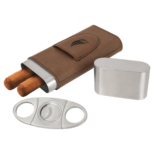 Dark Brown Laserable Leatherette Cigar Case with Cutter (Sold by Case of 6)