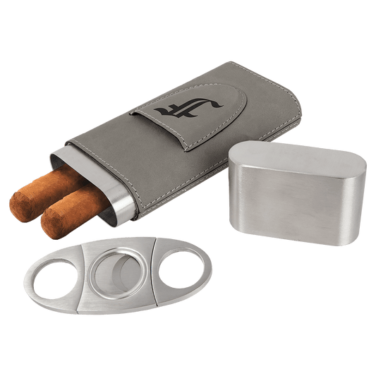 Gray Laserable Leatherette Cigar Case with Cutter (Sold by Case of 6)