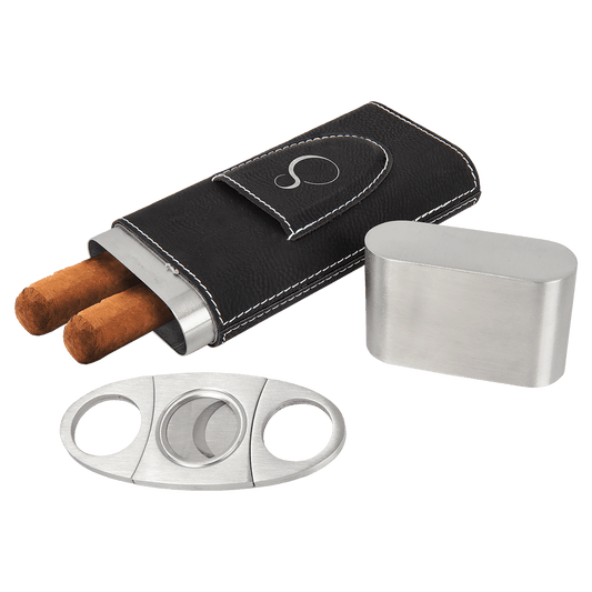 Black/Silver Laserable Leatherette Cigar Case with Cutter (Sold by Case of 6)