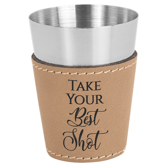 2 oz. Light Brown Laserable Leatherette & Stainless Steel Shot Glass (Sold by Case of 25)