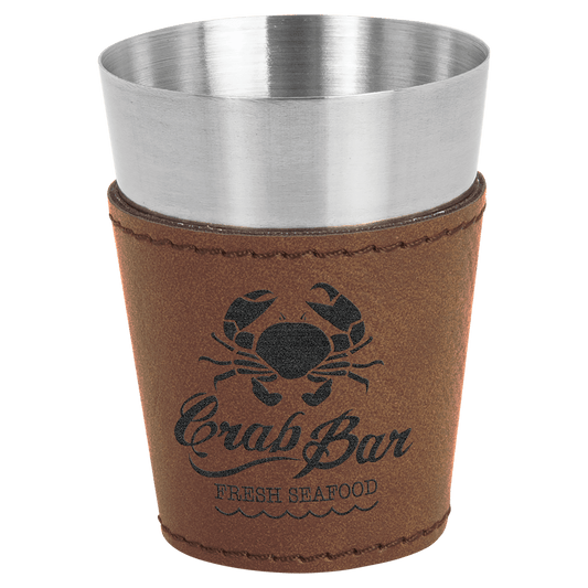 2 oz. Dark Brown Laserable Leatherette & Stainless Steel Shot Glass (Sold by Case of 25)