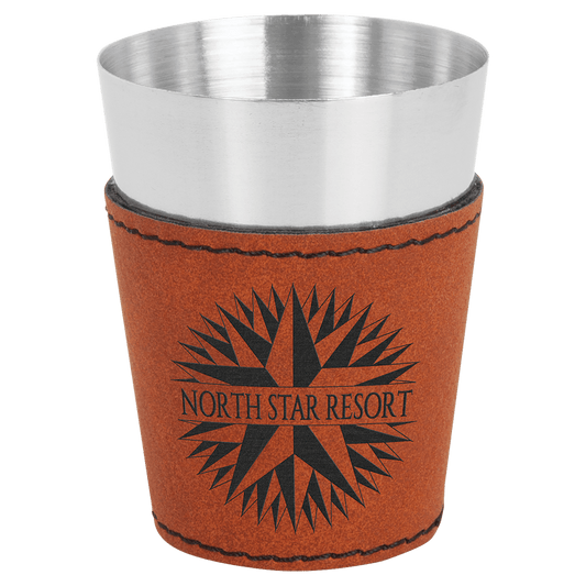 2 oz. Rawhide Laserable Leatherette & Stainless Steel Shot Glass (Sold by Case of 25)