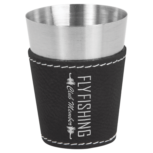 2 oz. Black/Silver Laserable Leatherette & Stainless Steel Shot Glass (Sold by Case of 25)