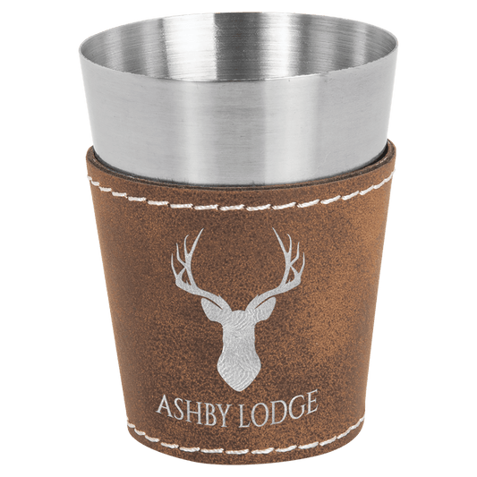 2 oz. Rustic/Silver Laserable Leatherette & Stainless Steel Shot Glass (Sold by Case of 25)