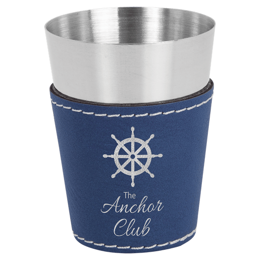 2 oz. Blue/Silver Laserable Leatherette & Stainless Steel Shot Glass (Sold by Case of 25)