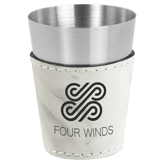 2 oz. White Marble Laserable Leatherette & Stainless Steel Shot Glass (Sold by Case of 25)