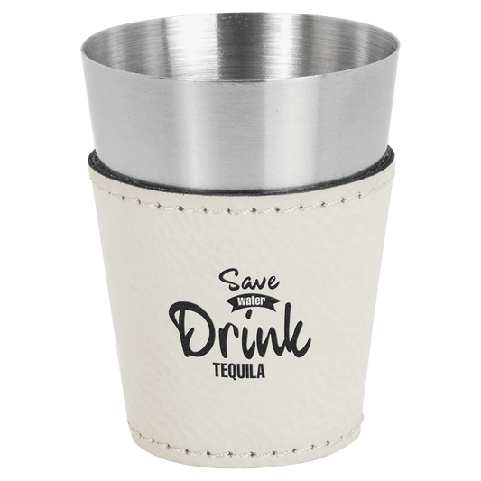 2 oz. White Laserable Leatherette & Stainless Steel Shot Glass (Sold by Case of 25)