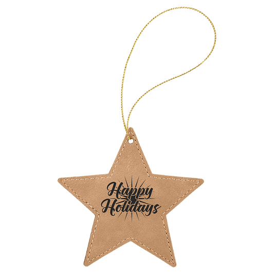 Light Brown Laserable Leatherette Star Ornament with Gold String (Sold by Case of 25)
