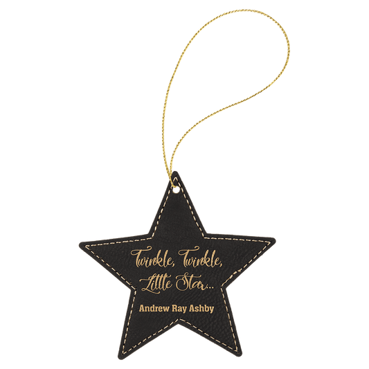 Black/Gold Laserable Leatherette Star Ornament with Gold String (Sold by Case of 25)