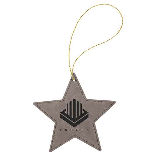 Gray Laserable Leatherette Star Ornament with Gold String (Sold by Case of 25)