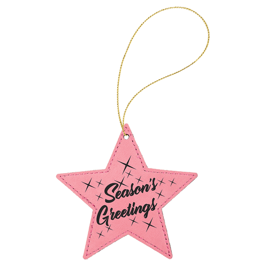 Pink Laserable Leatherette Star Ornament with Gold String (Sold by Case of 25)