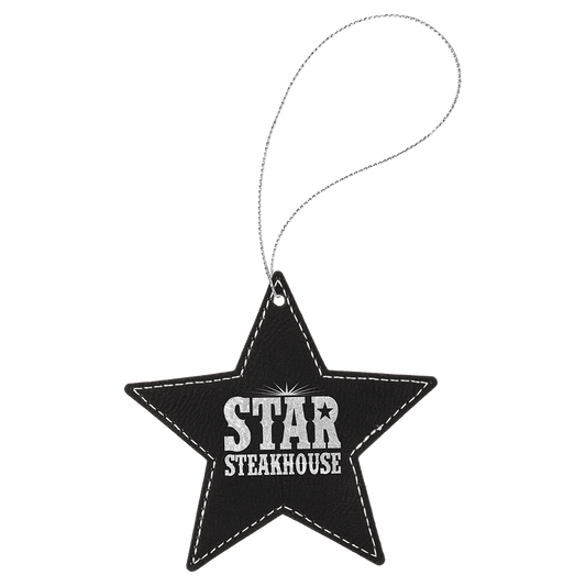 Black/Silver Laserable Leatherette Star Ornament with Silver String (Sold by Case of 25)
