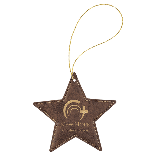 Rustic/Gold Laserable Leatherette Star Ornament with Gold String (Sold by Case of 25)