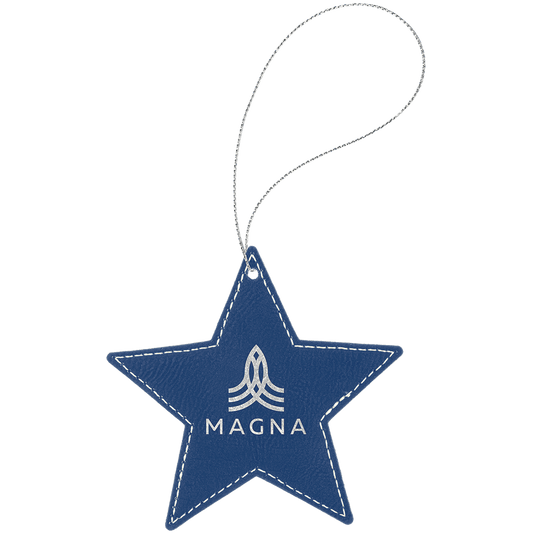 Blue/Silver Laserable Leatherette Star Ornament with Silver String (Sold by Case of 25)