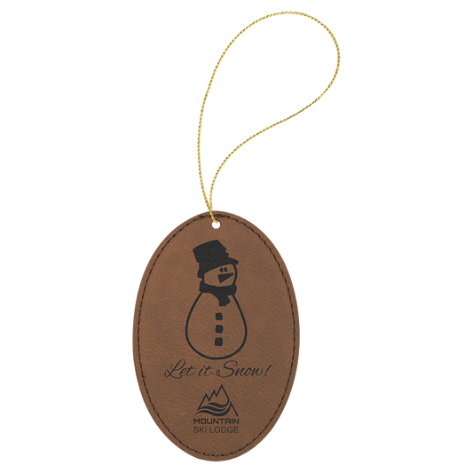Dark Brown Laserable Leatherette Oval Ornament with Gold String (Sold by Case of 25)