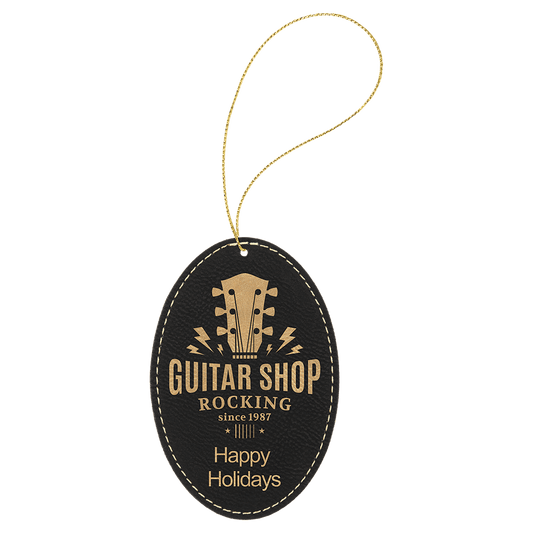 Black/Gold Laserable Leatherette Oval Ornament with Gold String (Sold by Case of 25)