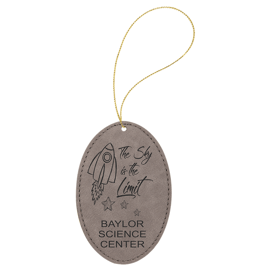Gray Laserable Leatherette Oval Ornament with Gold String (Sold by Case of 25)