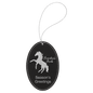 Black/Silver Laserable Leatherette Oval Ornament with Silver String (Sold by Case of 25)