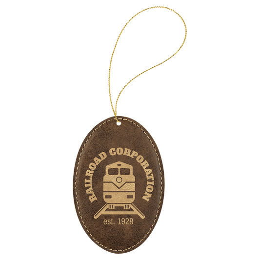Rustic/Gold Laserable Leatherette Oval Ornament with Gold String (Sold by Case of 25)