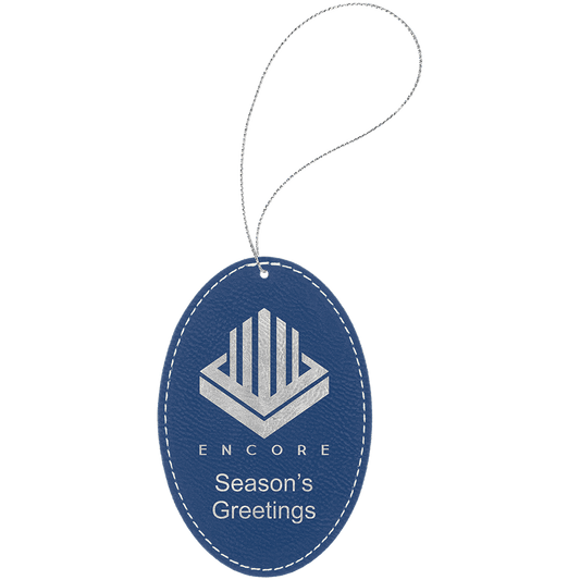Blue/Silver Laserable Leatherette Oval Ornament with Silver String (Sold by Case of 25)