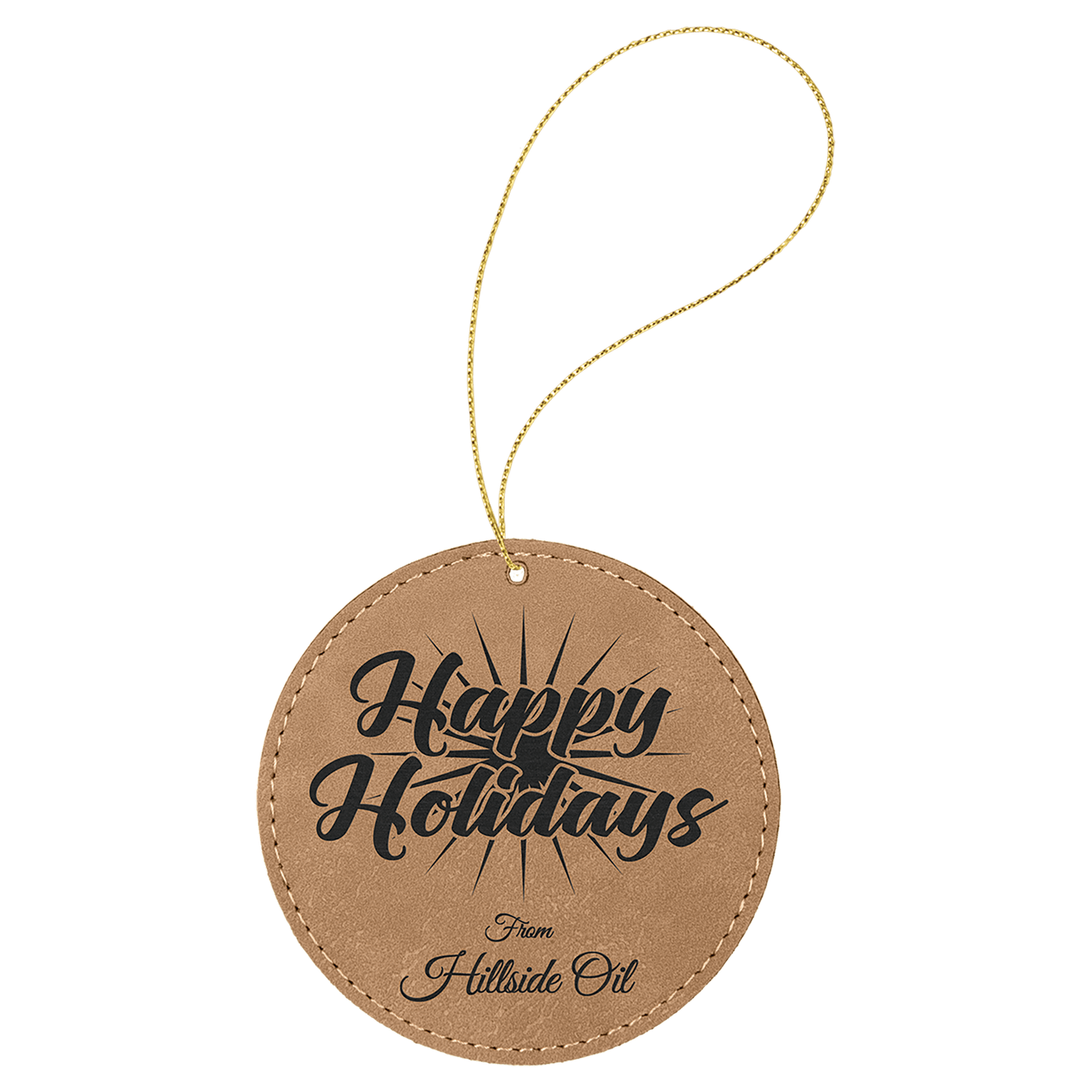 Light Brown Laserable Leatherette Round Ornament with Gold String (Sold by Case of 25)